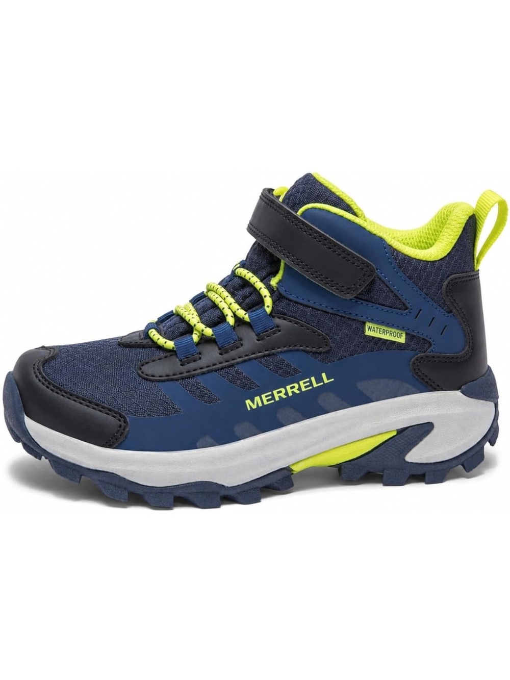 Merrell Kids Waterproof Hiking Boot in Navy and Lime Green